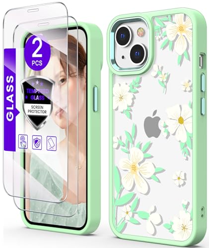 DagoRoo for iphone 14/13 Case+Tempered Glass Screen Protector, [Military Grade Protective] Slim Soft TPU & Hard PC,Girls Women Crystal Clear Flower Pattern Case Cover for iPhone 14/13-Crushed Flower