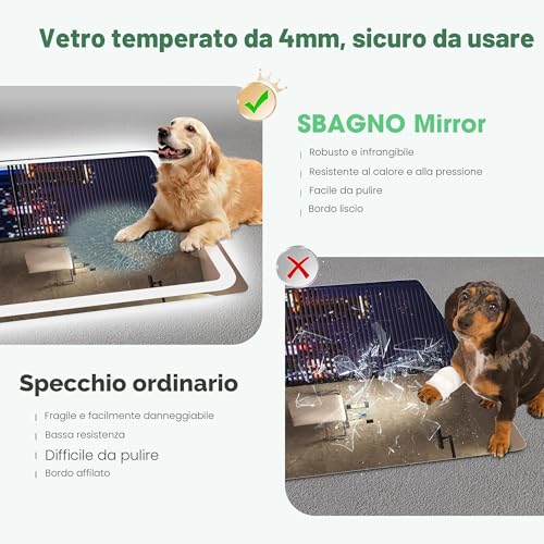 S'bagno Bluetooth-Mirror-Bathroom-with-Light-LED-100 x 70 cm, Mirror-Bathroom-LED-Anti-Fog, 3000K-6500K, Dimmable, Memory, Tempered Glass HD, IP44-Mirror-Backlit-Bathroom, Horizontal/Vertical