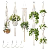 5-Pack Macrame Plant Hangers with 5 Hooks, Different Tiers, Handmade Cotton Rope Hanging Planters Set Flower Pots Holder Stand, for Indoor Outdoor Boho Home Decor