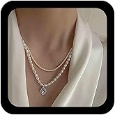 Erimberate Bohemian Layered Crystal Pendant Necklace Vintage Pearl Choker Necklace Teardrop Rhinestone Necklace Chain Water Wave Chain Necklace Gold Twist Chain Necklace Jewelry for Women and Girls