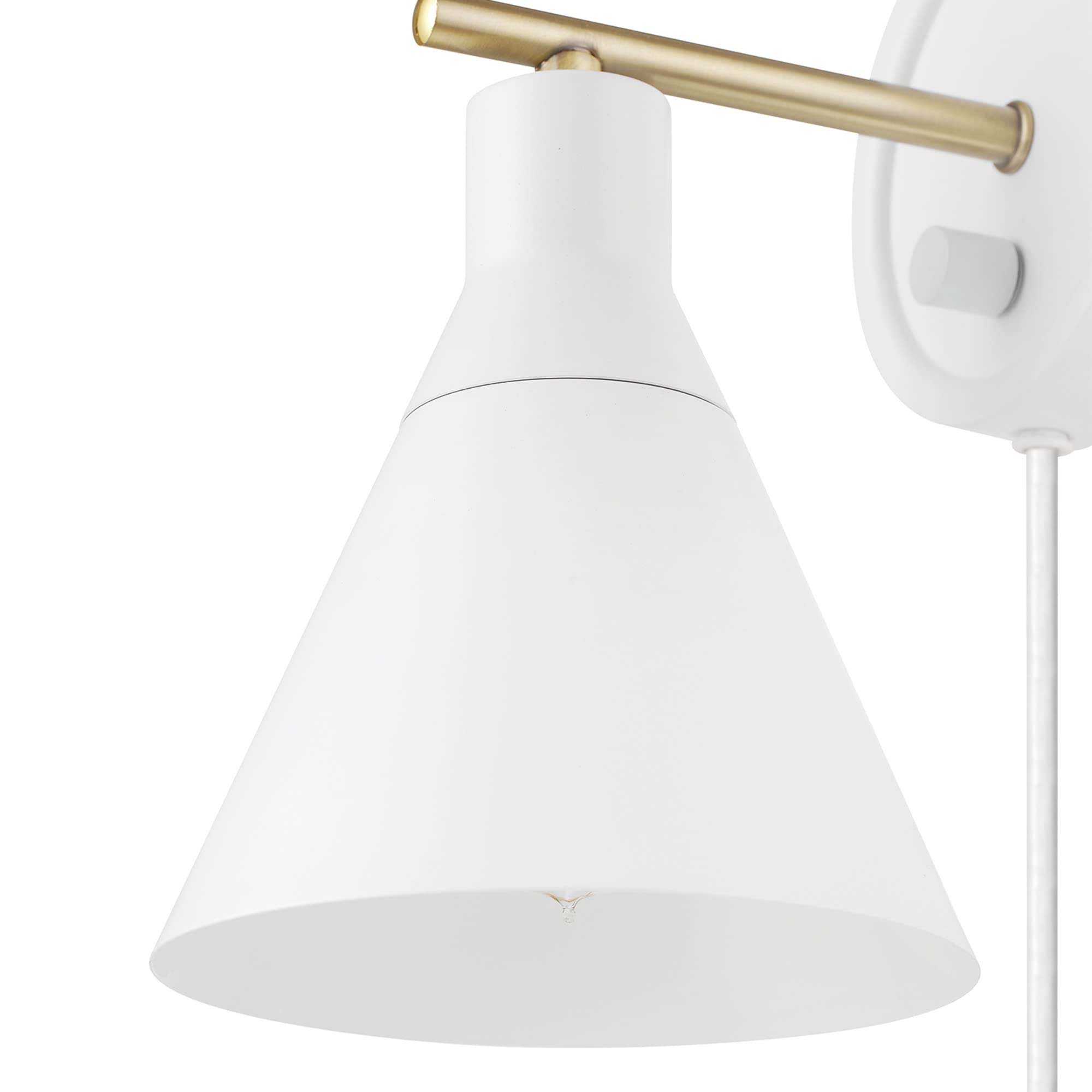 Globe Electric 65542 1-Light Dimmable Plug-in or Hardwire Wall Sconce, Matte White, Brass Accent, Stepless Dimming Rotary Switch on Canopy, White Fabric Cord, Wall Lighting, Bulb Not Included