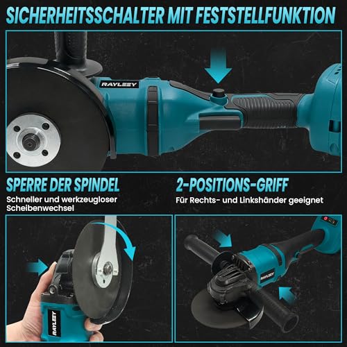 Battery Angle Grinder for Makita 18 V, 125 mm Battery Flex 8500 rpm, 3 Speeds, Cordless Grinder with Non-Slip Handle for Grinding, Cutting and Polishing (without Battery)