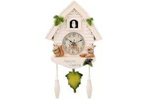 EPIPHQNY Wall Clock,European Pastoral Style Resin Cuckoo Wall Clock Bird for Time Bell Swing Alarm Watch Cartoon Vintage Antique Home Art Decoration, 26*42cm, White Squirrel