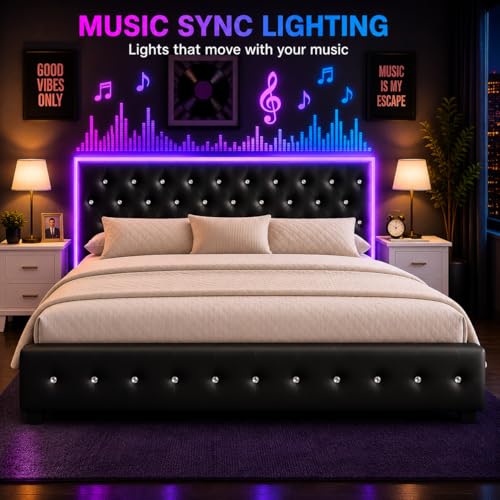 Queen Bed Frame with 4 Storage Drawers, LED Bed Frame with Remote Control Rhythm Sync Light, Adjustable Diamond Tufted Headboard, No Box Spring Needed, PU Black