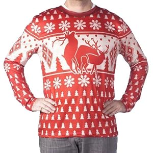 Faux Real Men's Sublimated Ugly Xmas Sweater Long Sleeve T-Shirt, Humping Deer, Large