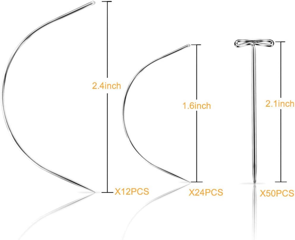 72PCS Premium T Pins for wigs - C Curved Wig Needle and T Pins for Wig Making & Doing Sew, Wig Making Set, Durable Nickel Curved Weaving Needle Blocking Knitting, Modelling and Crafts