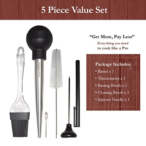 Large Turkey Baster Staineless Steel with Syringe, Meat Thermometer Probe Instant Read, Basting Brush, Cleaning Brush - 5 Pc Set - Oven and Dishwasher Safe