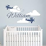 Airplane Wall Decals Custom Boys Name Personalized Name Biplane Nursery Baby Kids Plane Gift Clouds Wall Vinyl Decal Sticker Bedroom Murals