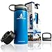 Liquid Savvy 18oz Insulated Water Bottle with 3 lids - Stainless Steel, Wide Mouth Double Walled Vacuum Insulated Bottle for Hot and Cold Beverages (Blue)