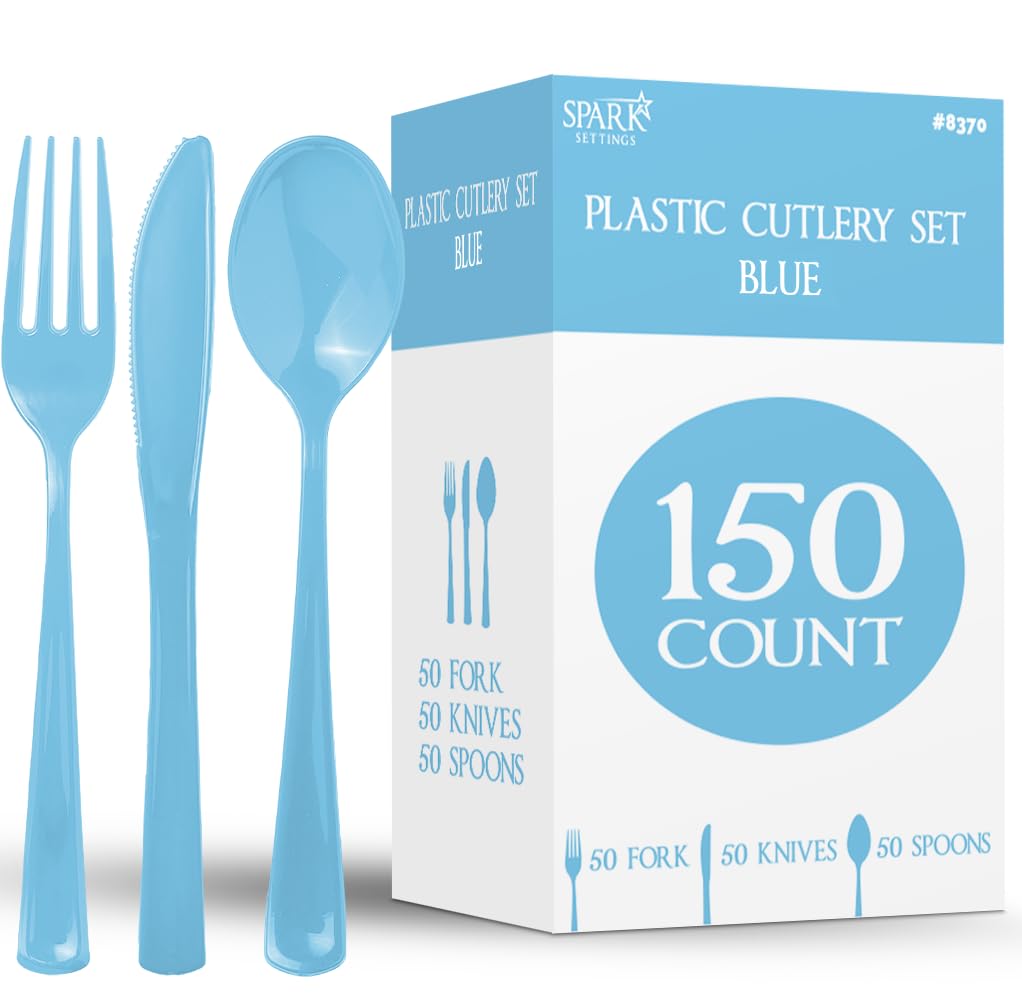 Photo 1 of 150 Pack Plastic Silverware Heavy Duty, Blue Disposable Cutlery, 50 Spoons, 50 Forks, 50 Knives, Plastic Utensils Set for Home Office School Party Picnics Weddings & More - SparkSettings