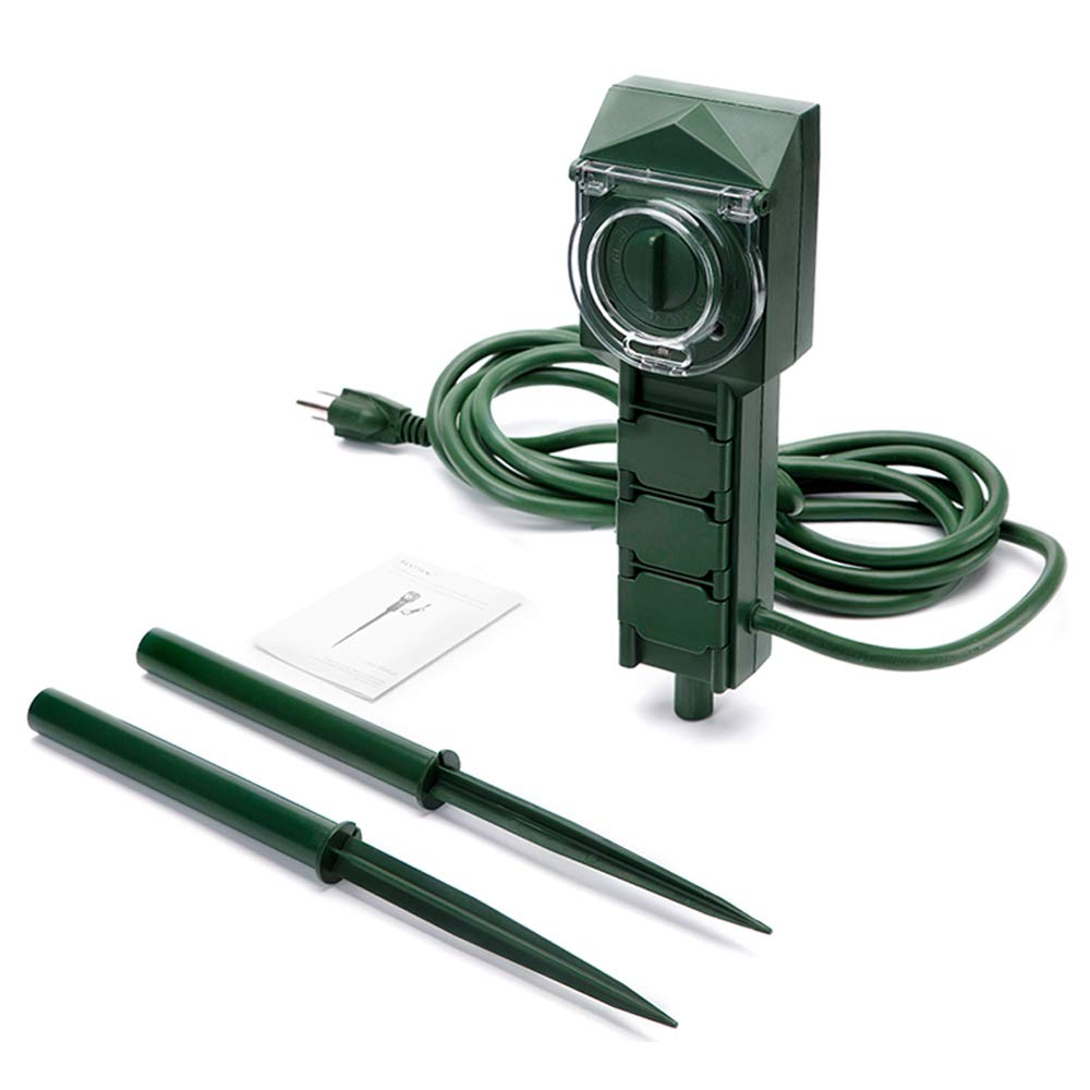 BESTTEN Outdoor Power Stake with Timer, 3 Outlet Power Strip with