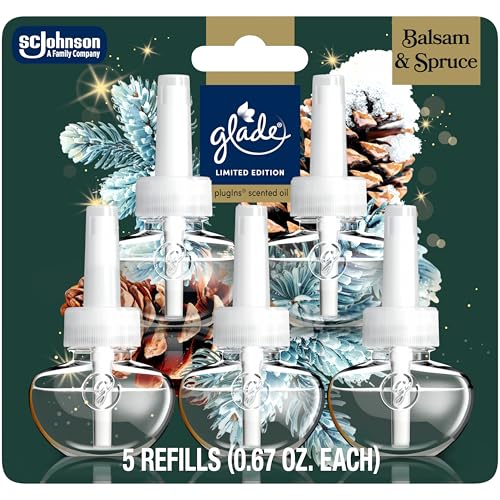 Glade PlugIns Refills Air Freshener, Balsam & Spruce, Scented and Essential Oils for Home and Bathroom, 0.67 Fl Oz, 5 Count