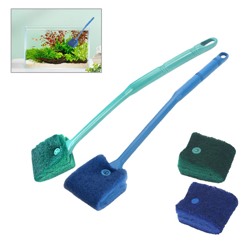 Sixfolo 4 Pcs Aquarium Fish Tank Cleaning Sponge Brush,Double Sided Aquarium Glass Algae Scraper,Long Handle Fish Tank Cleaner Sponge with 2pcs Clean Cloth for Fish Tank Accessories