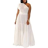 AWASIR Women's Sexy One Shoulder Sleeveless Maxi Dress Linen Ruffle Tiered Beach Long Dress