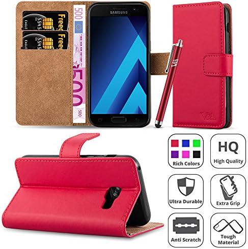 Galaxy A3 2017 Case, [Premium Leather] Wallet Book Card Case Cover Pouch For Samsung Galaxy A3 2017 [Free Screen Protector With Microfibre Polishing Cloth] &amp; [Free Touch Stylus] (Red)