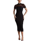 Women's Casual Mesh Elastic Double Layer Mock Neck Short Sleeve Keyhole Back Slit Midi Bodycon Dress