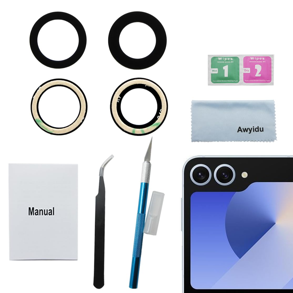 Photo 1 of Awyidu 2 Pieces OEM Rear Camera Glass Lens Replacement for Samsung Galaxy Z Flip 6 with Adhesive Pre-Installed and Repair Tools Kit and Installation Manual (for Z flip 6)