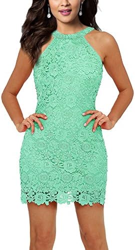Women's Slim Dresses Sleeveless Lace Halter Cocktail Short Dress