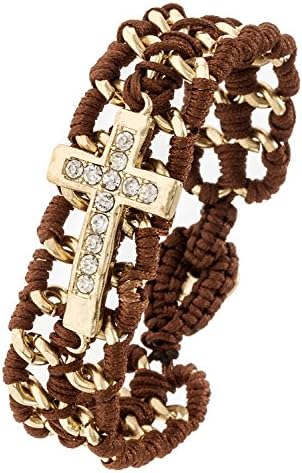 GlitZ Finery Cross Rhinestone Pave Chain and Thread Bracelet (Brown)
