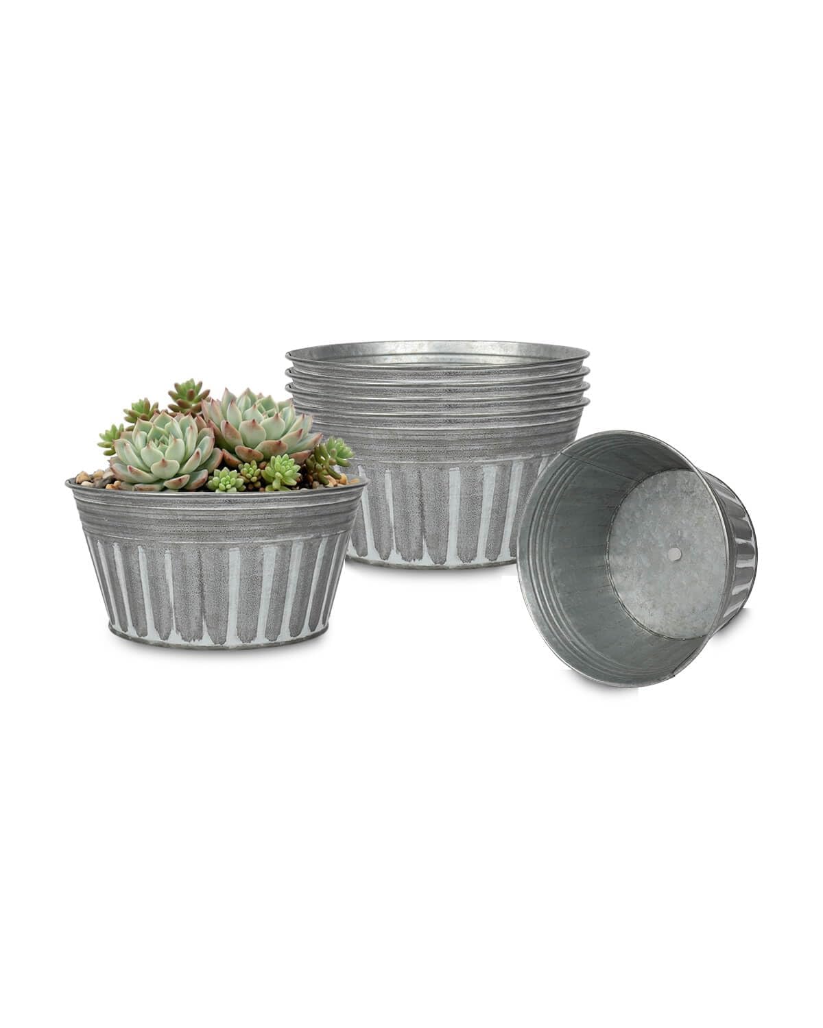 vensovo 17.8 CM Silver Metal Rustic Plant Pots - 6Pcs Shallow Galvanized Flower Pots with Drain Hole and Rubber Plug, Rustproof Metal Bucket Planters Farmhouse Vintage Style for Decor