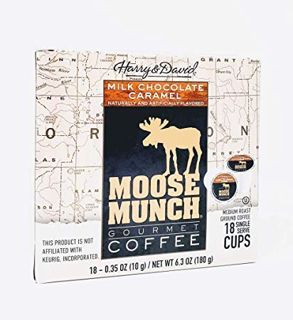 HARRY & DAVID MOOSE MUNCH GOURMET COFFEE 18 SINGLE SERVE CUPS BEVERAGE HOT OR COLD (MILK CHOCOLATE CARAMEL)