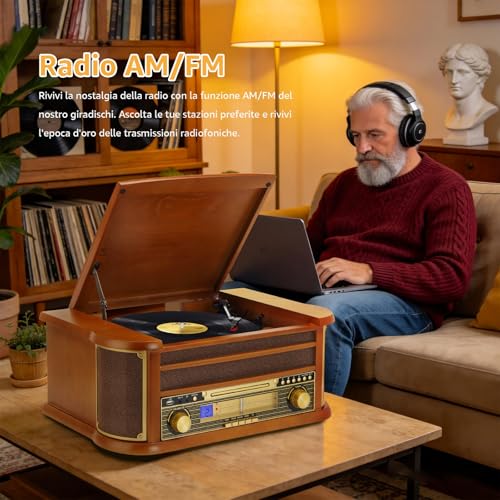 9 in 1 Bluetooth Turntable with AM/FM Radio, CD Player and Cassette, USB Player, Remote Control, Built-in Speakers, Vintage Turntable