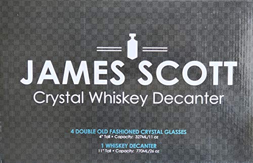 James Scott Lead-Free Crystal Whiskey Decanter Set - 28 oz. twisted decanter and 4 10 oz. glasses packaged in an exclusive Gift Box - for Liquor, Scotch, Bourbon, Wine, Vodka