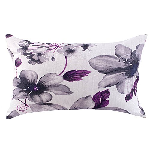 LAZAMYASA Fresh Animal Style Beautiful Rustic Birds Cotton Linen Blend Printed Cushion Cover Cotton Couch Throw Pillow Case Sham Pillowcase 12x20in, Purple Flower