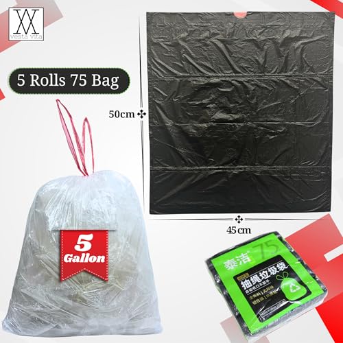 VESTA VITA - 5 Rolls Transparent Trash bags 75 Pcs for Home and office - 45"50"CM Drawstring Garbage bag with handles - 5 Gallon Garbage bag small for Kitchen and office - Pack of 5 bin bags rolls