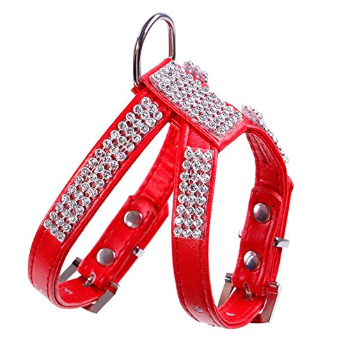 DOGGYZSTYLE Bling Rhinestone PU Leather Pet Puppy Small Dog Collar Harness Leash Chihuahua Teacup Care for Girls & Boys b(Red,M - Thumbnail 2