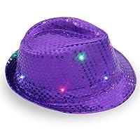 SiFree New Sequin Fedora Hats, Unisex Bright LED Light Up Hat for Home Party Purple