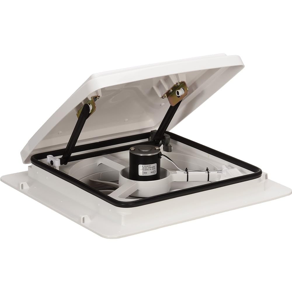 Photo 1 of Maxxair Maxxfan Plus High Powered 10-Speed RV Intake and Exhaust Fan - Manual or Remote Control Electric Opening, Easy Ceiling Controls, Rain Sensor with Automatic Lid Closure, White (00-04000K)
