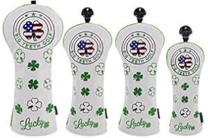 Big Teeth Golf Cover Lucky Clover Headcover Covers, Driver Fairway Wood Hybrid Headcovers Fits Blade Mallet Putter Iron and Woods with Magnetic White Shamrock Head Club Protector Leather