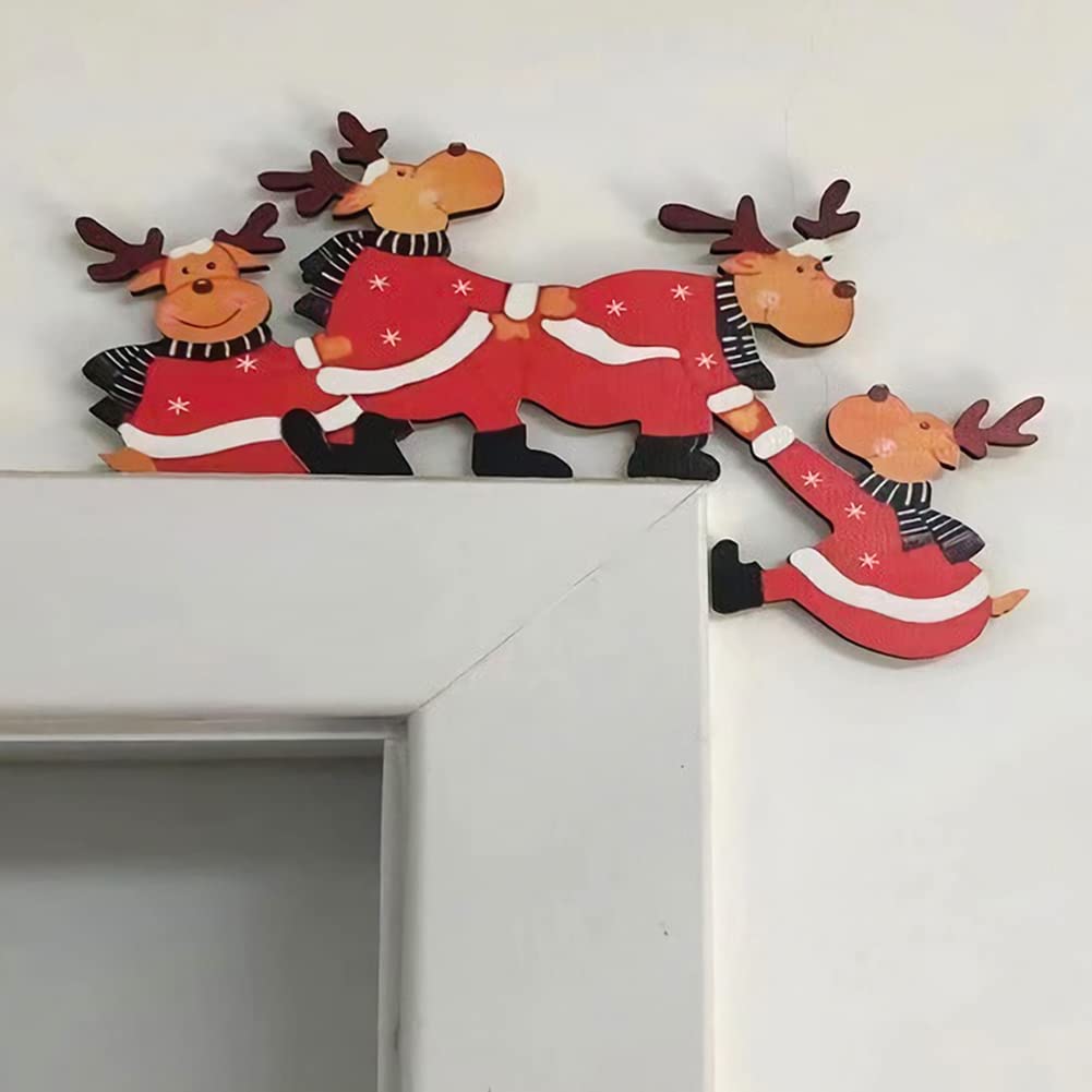 LONTG Wooden Christmas Door Frame Decoration Santa Claus Reindeer Ornament Funny Christmas Decoration Xmas Holiday Decor for Home Door Windows Walls
