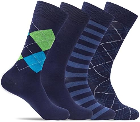 Mens 4 Pack of Cotton Blend Fun, Funky and Colorful Business Dress Socks (Shoe: 8-12 / Sock: 10-13, Navy 2)