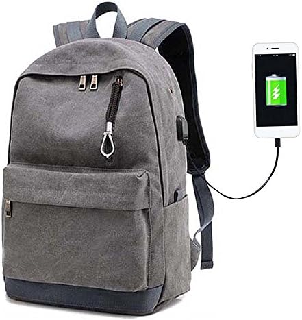 Large Capacity Backpack Canvas Notebook Bag Shoulder Book Bags with USB Charge Port for men&amp;women (grey)