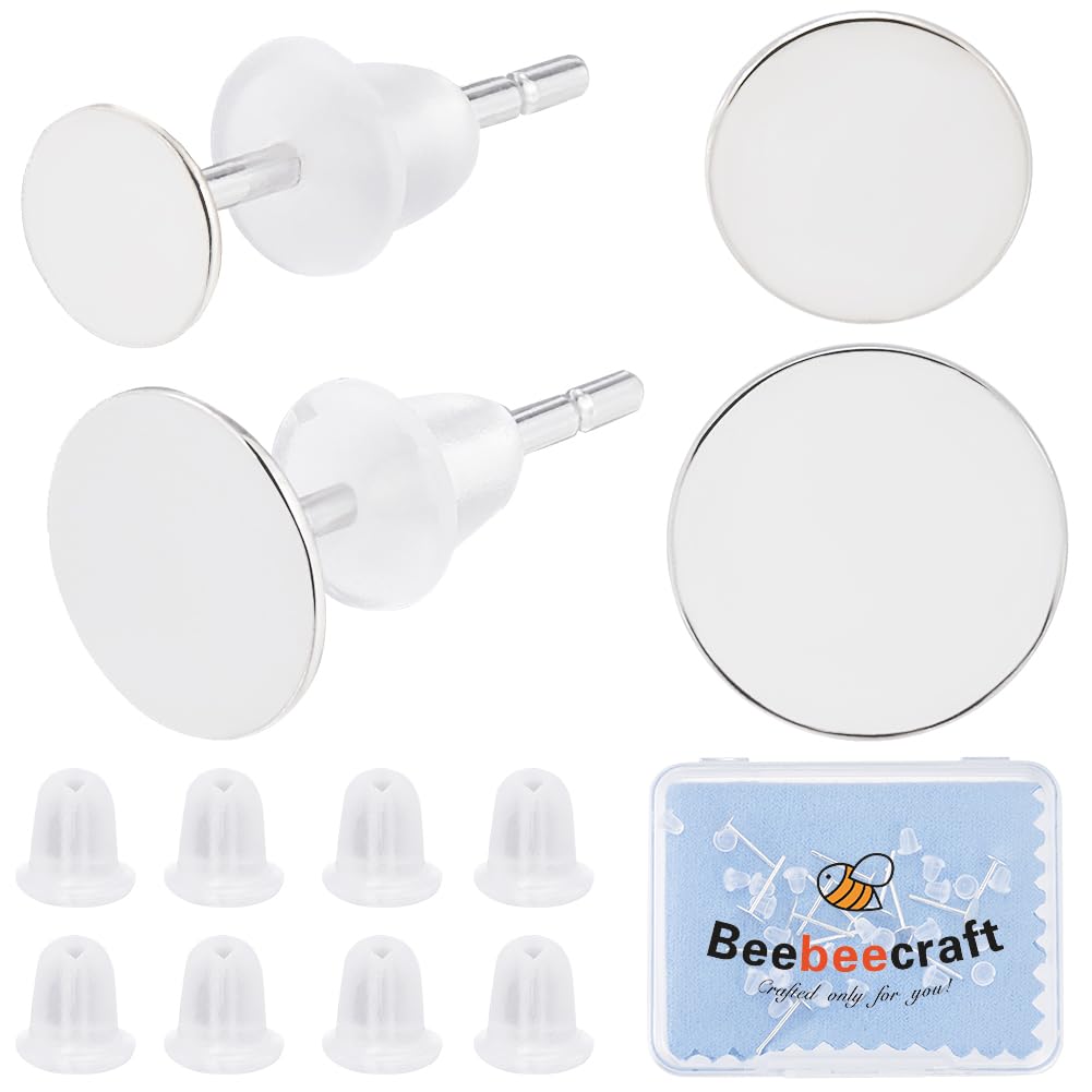 Beebeecraft 20Pcs 4/6mm Bezel Blank Stud Earring Findings 925 Sterling Silver Flat Pad Earring Studs Round Earring Post with Ear Nuts for Cabochon Jewelry Making Earrings DIY Crafts