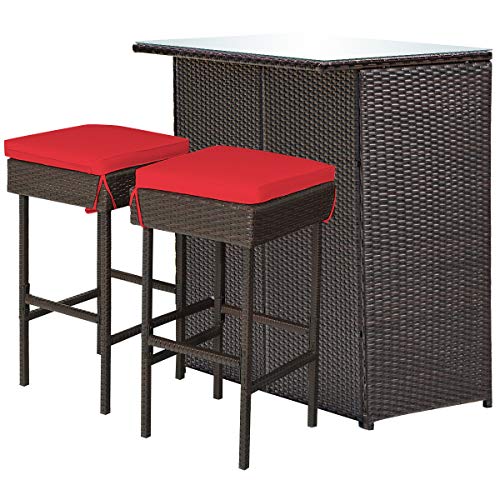 Tangkula Patio Bar Set, 3 Piece Outdoor Rattan Wicker Bar Set with 2 Cushions Stools & Glass Top