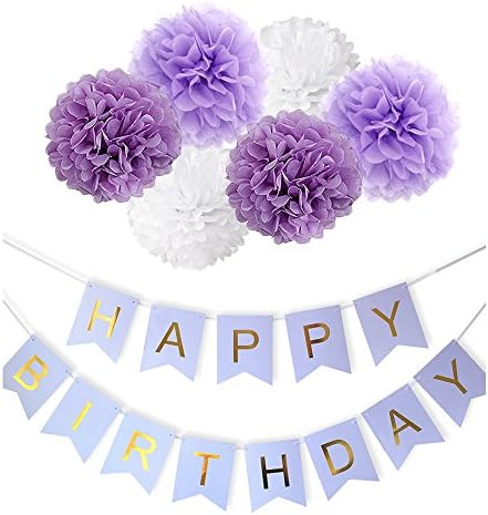 Happy Birthday Banner Tissue Paper Pom Poms Flower Birthday Party Supplies Kit (Purple)