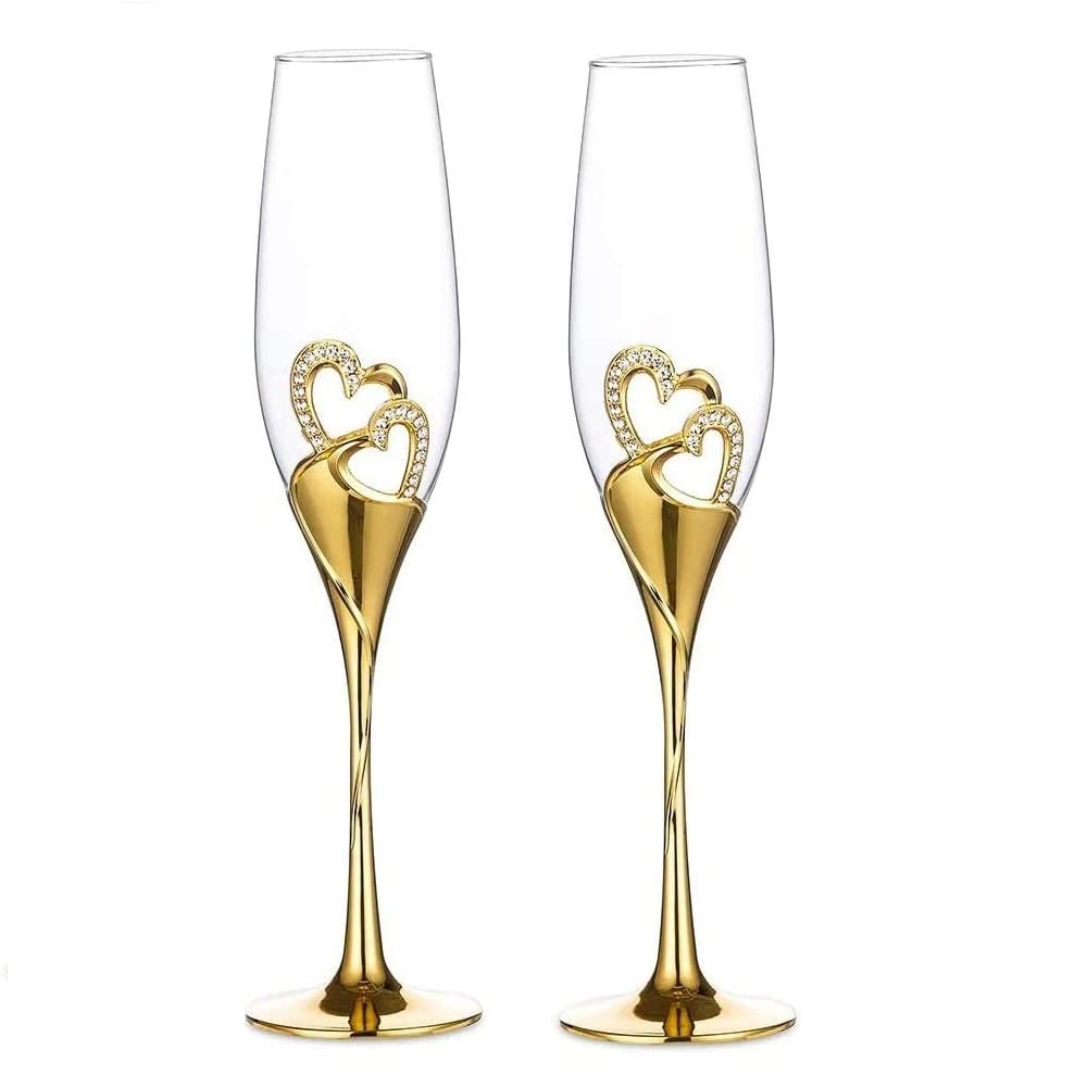 LANLONG Set of 2 Wedding Champagne Flutes Glasses, Gold Creative Heart Crystal Glass Toasting Cups for Couples Gift Set, Champagne Glasses Gift Set for Bride and Groom, Engagement, Party