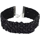 ONLYJUMP Sparkling Wide Sexy Lace Velvet Short Collar Necklace for Women Black Shiny Alloy Sexy Choker Necklace Chunky Short Necklace Party Costume Jewelry (Black, 11.81)