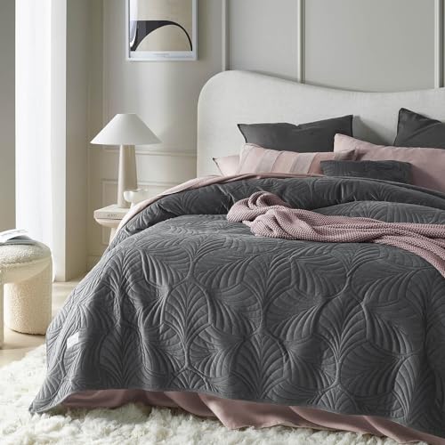 ROOM99 Feel Elegant Dark Grey Bedspread 200 x 220 cm – Multi-Purpose Throw for Bed or Sofa – Quilted – Velvet Bedspread