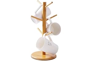 Bamboo Mug Holder Tree Coffee Cup Rack Organizer with 6 Hooks Space-Saving Steady Dryer Stand for Mugs Cups Bottles