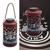 Juegoal American Flag Solar Lantern Hanging Lights Metal Solar Landscape Lantern with Hemp Rope Handle for Indoor Outdoor Garden Yard Tree, 2 Pack