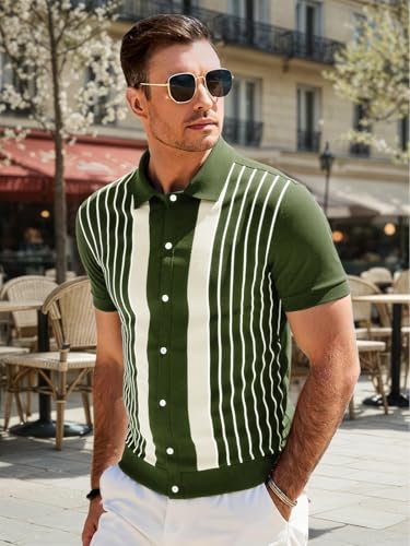 Les umes Polo Men Striped Retro Short Sleeve Cardigan Cotton Summer Golf Casual
