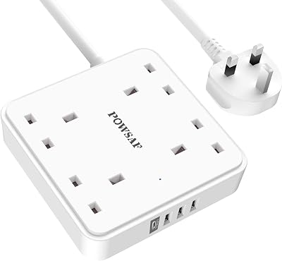POWSAF 4 Way USB Extension Lead 2M 4 Outlets 4 USB Ports USB-C 3.4A UKCA