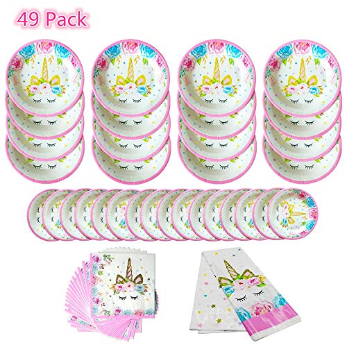49 Pack Unicorn Tableware Plates Napkins Sets Unicorn Theme Party Supplies Including Plates Napkins Tablecover For Kids Party Serves 16 Guests