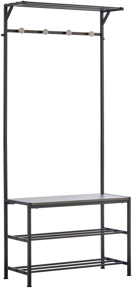 mDesign Coat Rack and Bench Organizer System Storage Unit, 4 Hooks Holds Jackets, Scarves, Purses, Hats, Leashes, Shoes, Boots for Bedroom, Hallway, Entryway 2-Tier Storage Bench- Black/Gray Wood Wash: Home & Kitchen