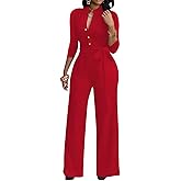 Sexy 3/4 Sleeve Jumpsuit for Women V Neck High Waisted Long Wide Leg Pant Button Down Party Romper with Belt