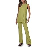 Tankaneo Two Pieces Outfits Sleeveless Top Knit Sets Trendy Lounge Long Pajamas Set